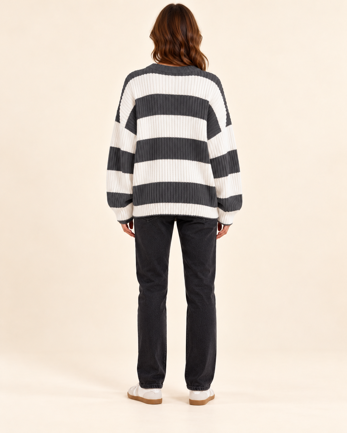 Grey and ivory striped knit pullover sweater, back view