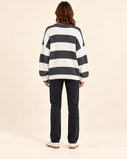 Grey and ivory striped knit pullover sweater, back view