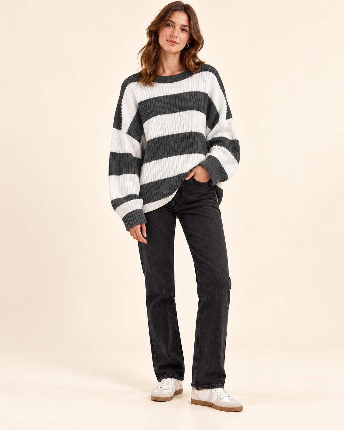 Red and ivory striped knit pullover sweater, front view