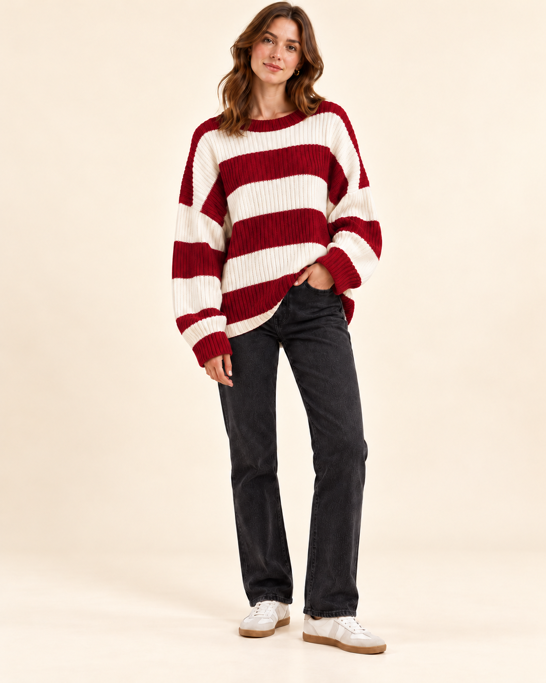 Red and ivory striped knit pullover sweater, three-quarter view