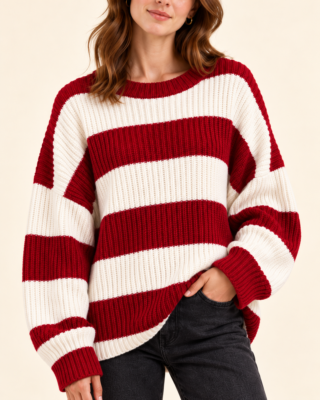 Red and ivory striped knit pullover sweater, knit detail