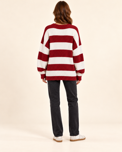 Red and ivory striped knit pullover sweater, back view