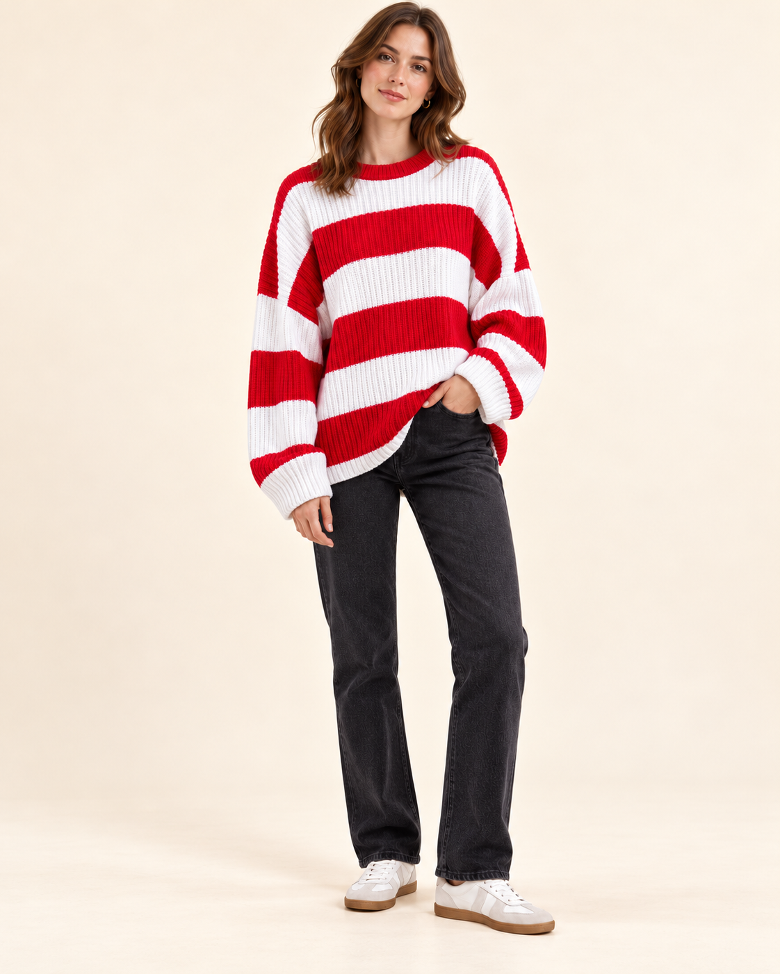 Yellow and ivory striped knit pullover sweater, front view