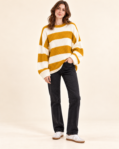 Yellow and ivory striped knit pullover sweater, three-quarter view