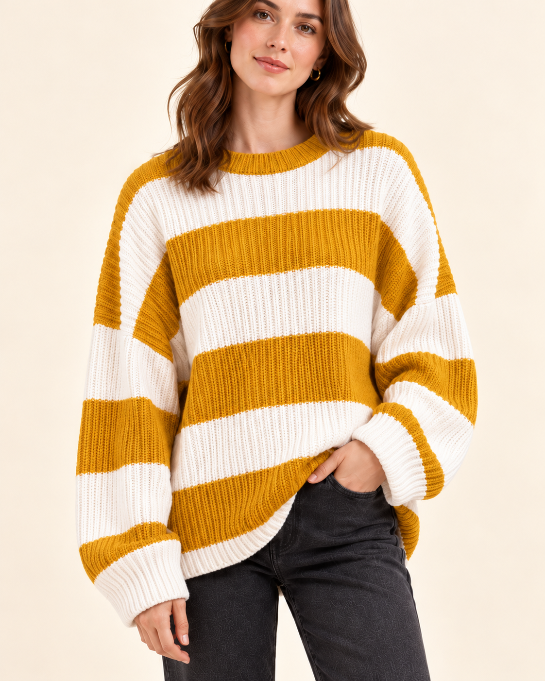 Yellow and ivory striped knit pullover sweater, knit detail