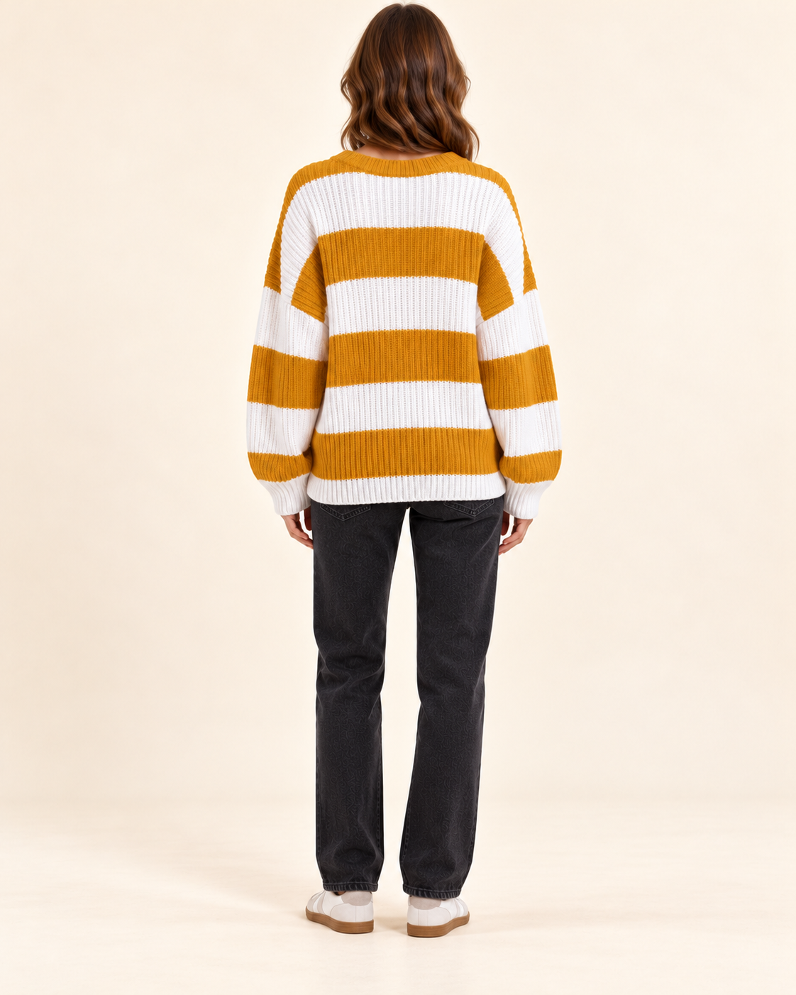 Yellow and ivory striped knit pullover sweater, back view