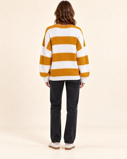Yellow and ivory striped knit pullover sweater, back view