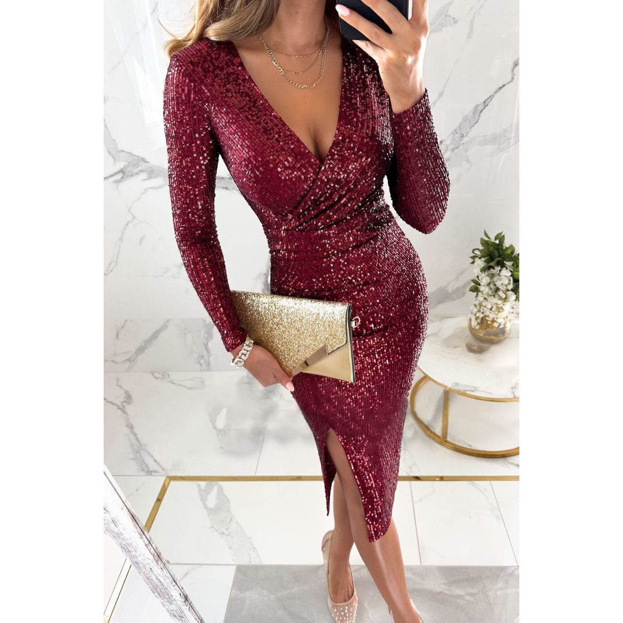 Sequin V-Neck Midi Dress – Slim-Fit Elegant A-Line