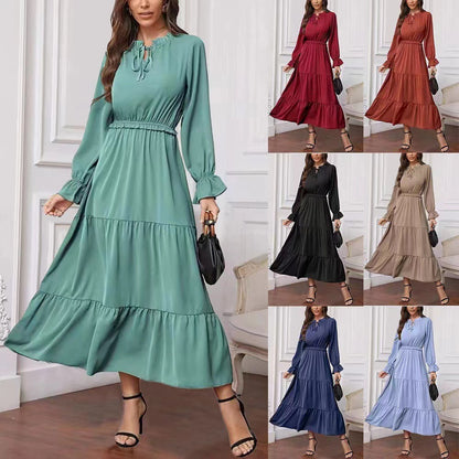Long Sleeve Solid Color Swing Dress For Women