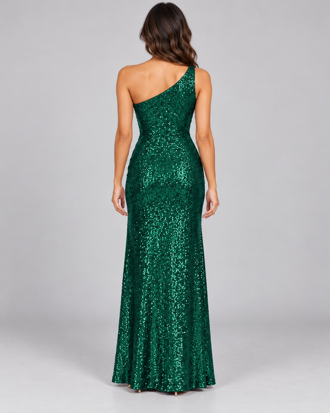 Women's Sleeveless Sequin Dress — Dark Green — Full-length view from directly behind