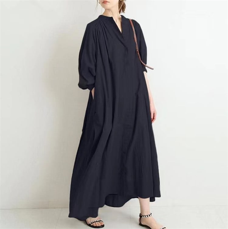 Cotton Swing Dress With Stand Collar And Puff Sleeves