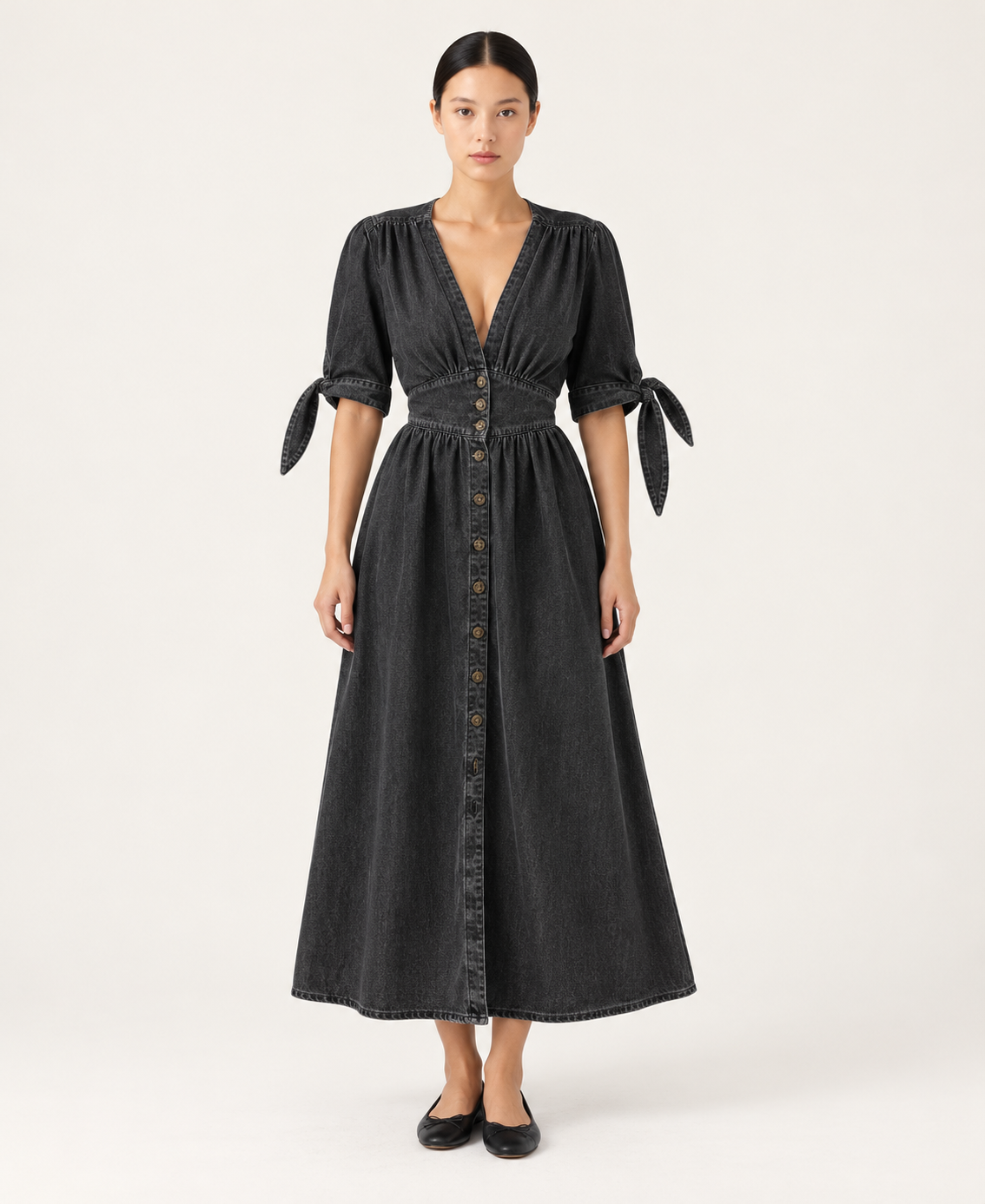 Women's Denim-Style Button-Front A-Line Midi Dress — Black — front hero