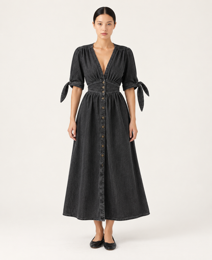 Women's Denim-Style Button-Front A-Line Midi Dress — Black — front hero