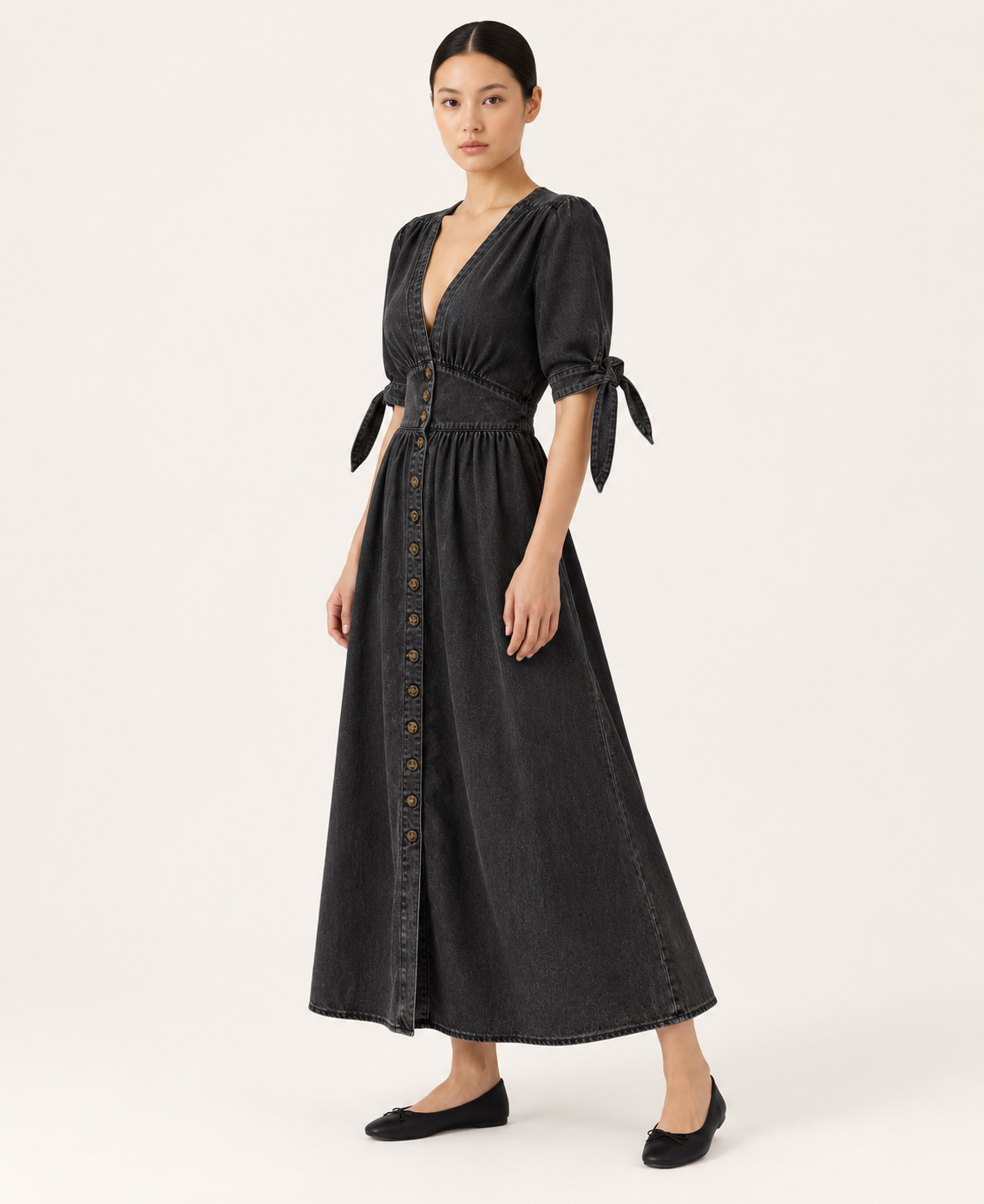 Women's Denim-Style Button-Front A-Line Midi Dress — Black — three-quarter view