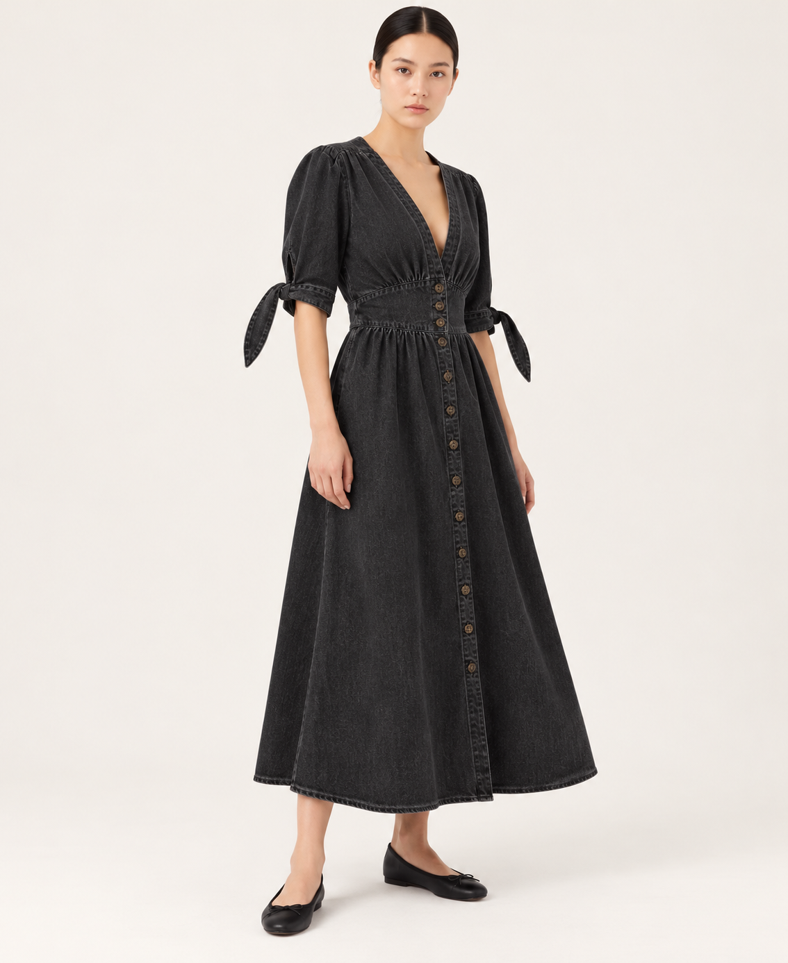 Women's Denim-Style Button-Front A-Line Midi Dress — Black — alternate three-quarter view