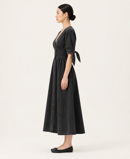 Women's Denim-Style Button-Front A-Line Midi Dress — Black — side profile