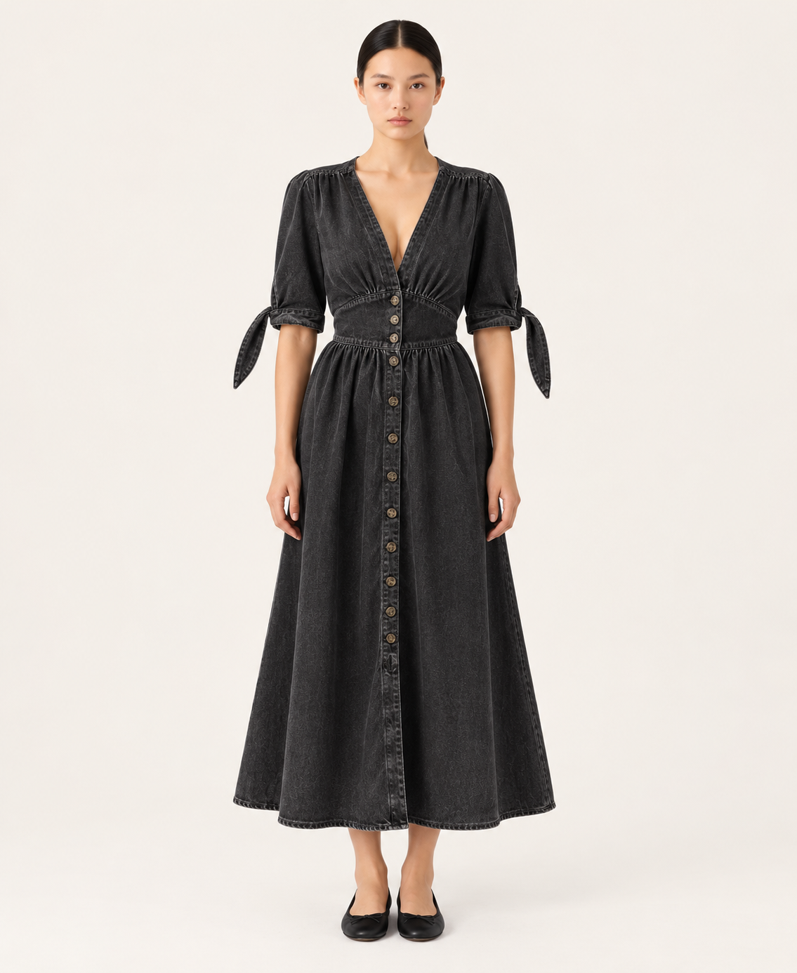 Women's Denim-Style Button-Front A-Line Midi Dress — Black — alternate front view