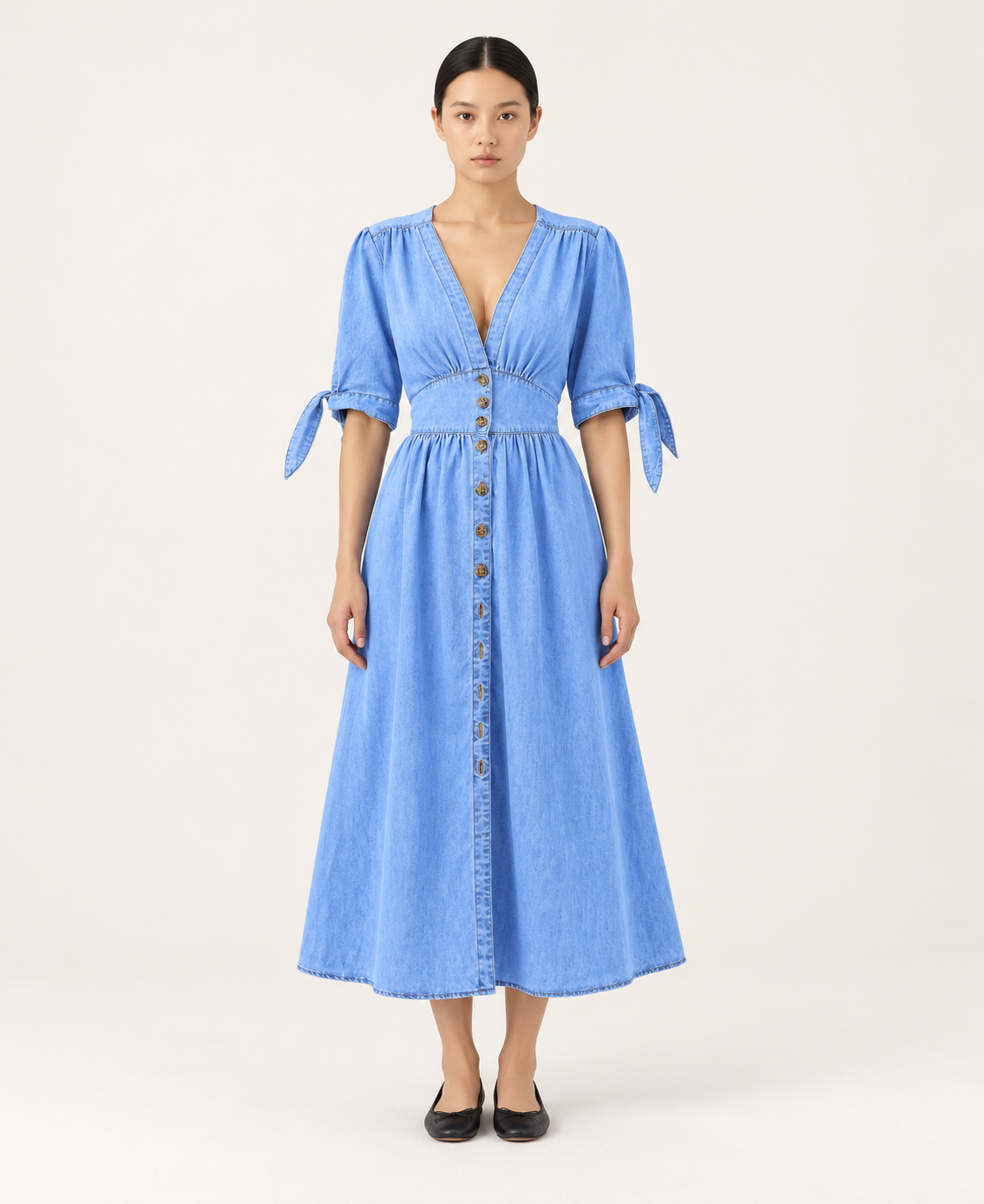 Women's Denim-Style Button-Front A-Line Midi Dress — Blue — front hero