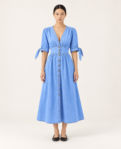 Women's Denim-Style Button-Front A-Line Midi Dress — Blue — front hero