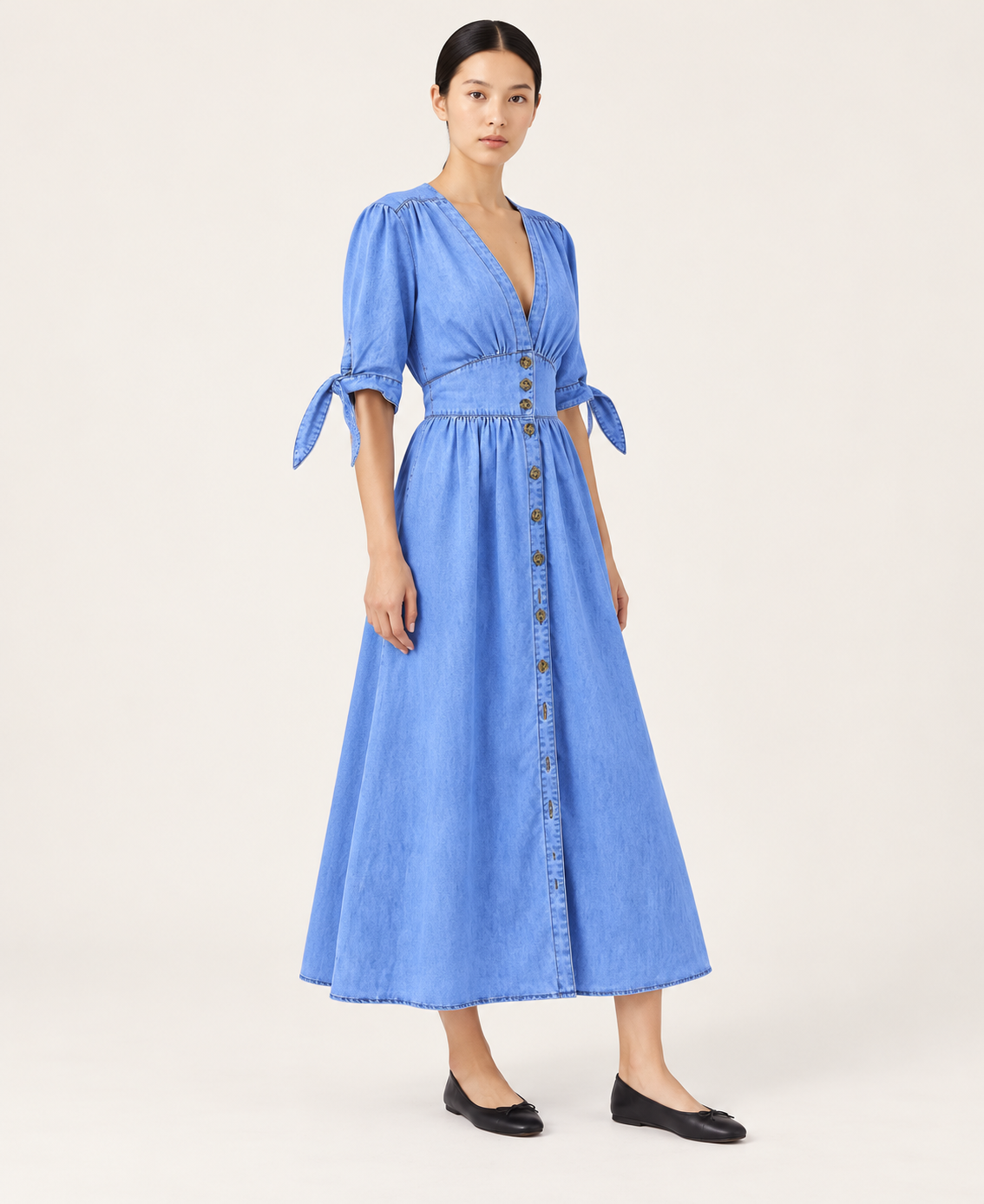 Women's Denim-Style Button-Front A-Line Midi Dress — Blue — three-quarter view