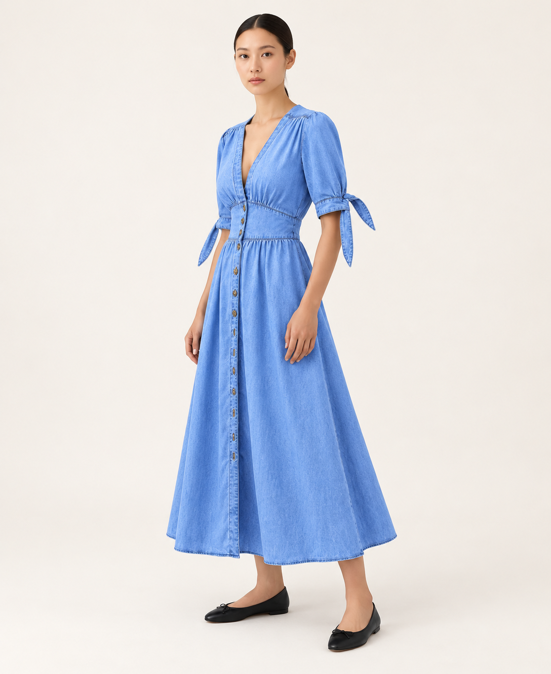 Women's Denim-Style Button-Front A-Line Midi Dress — Blue — alternate three-quarter view