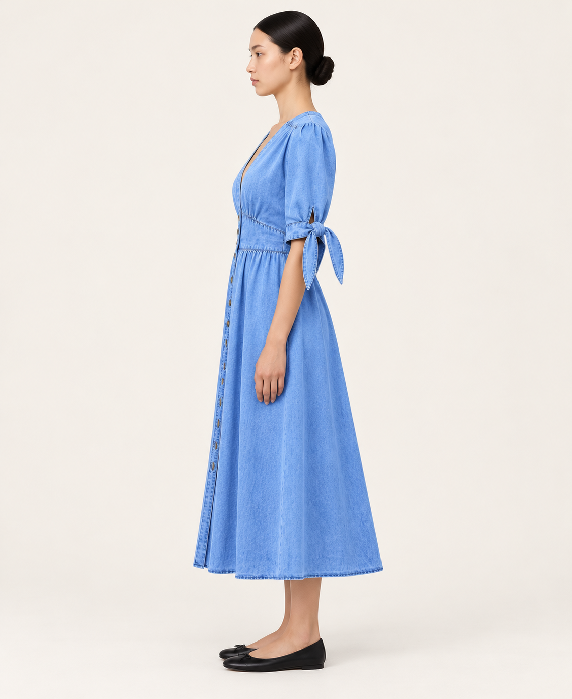 Women's Denim-Style Button-Front A-Line Midi Dress — Blue — side profile