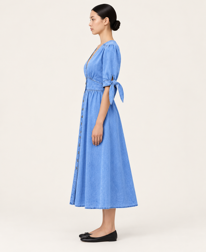 Women's Denim-Style Button-Front A-Line Midi Dress — Blue — side profile