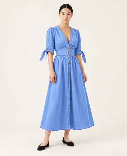 Women's Denim-Style Button-Front A-Line Midi Dress — Blue — alternate front view