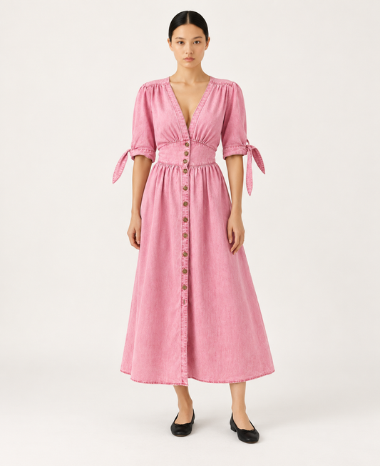 Women's Denim-Style Button-Front A-Line Midi Dress — Pink — front hero