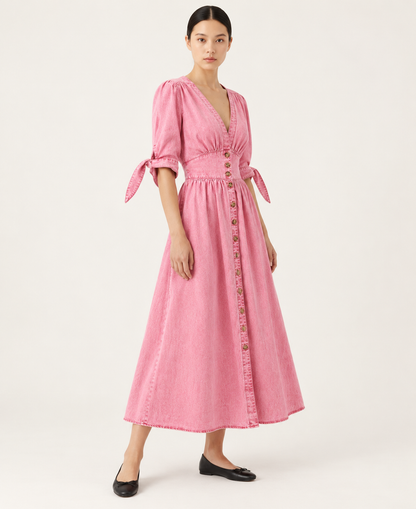 Women's Denim-Style Button-Front A-Line Midi Dress — Pink — three-quarter view