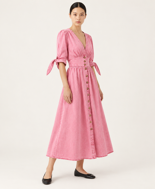 Women's Denim-Style Button-Front A-Line Midi Dress — Pink — three-quarter view