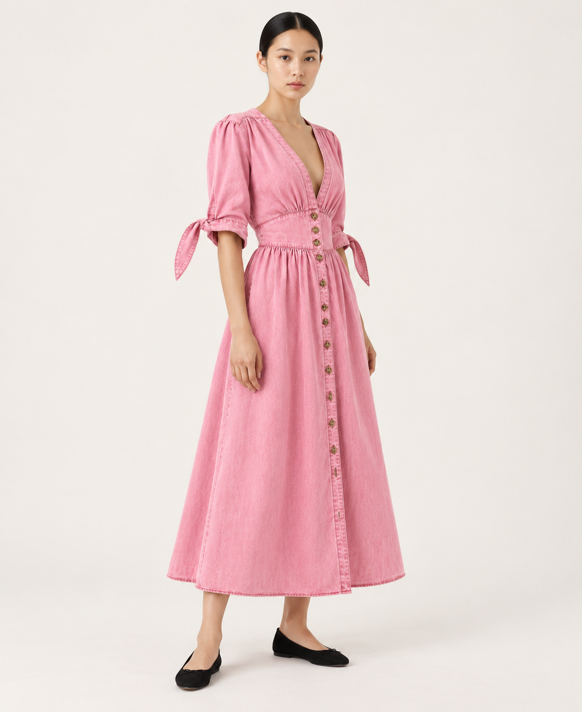 Women's Denim-Style Button-Front A-Line Midi Dress — Pink — alternate three-quarter view