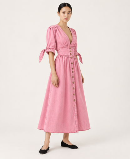 Women's Denim-Style Button-Front A-Line Midi Dress — Pink — alternate three-quarter view