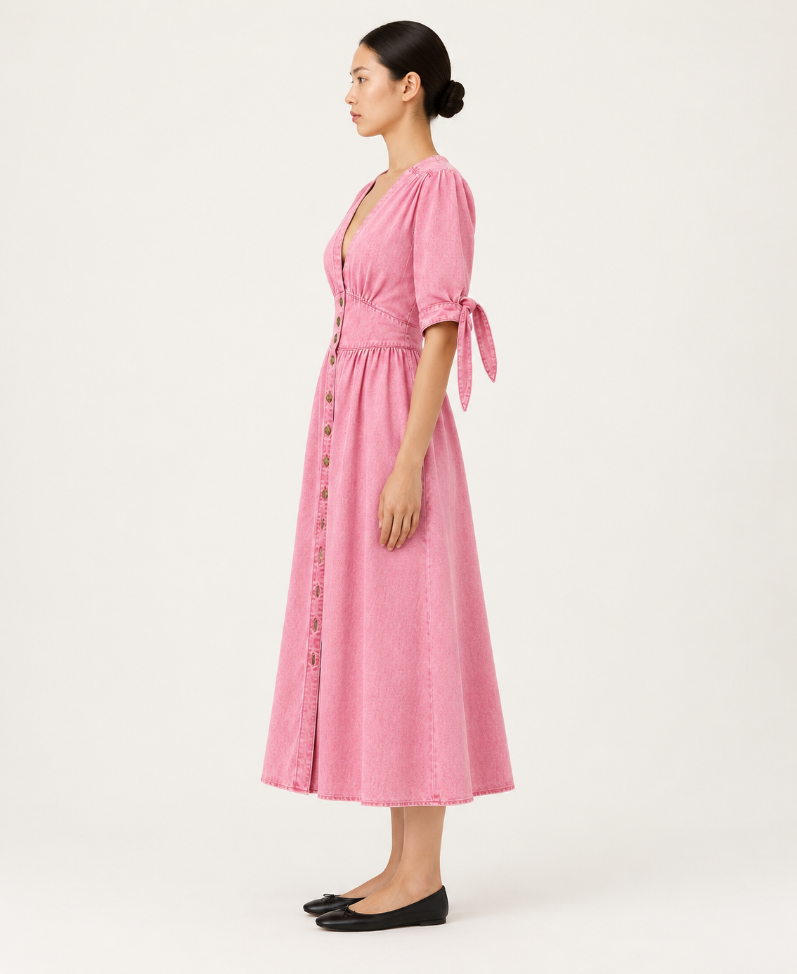 Women's Denim-Style Button-Front A-Line Midi Dress — Pink — side profile