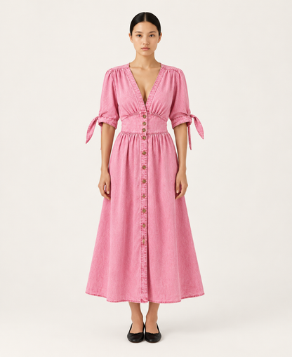 Women's Denim-Style Button-Front A-Line Midi Dress — Pink — alternate front view