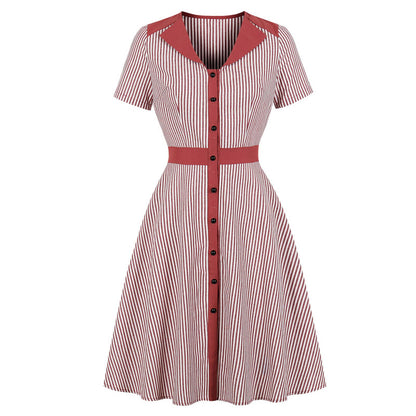 Striped A-Line Summer Dress For Women – V-Neck, Knee-Length
