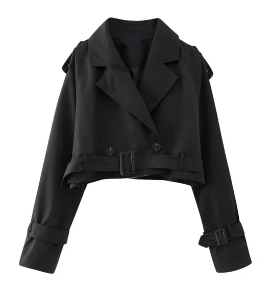 Women’s Belted Short Trench Coat With Long Sleeves