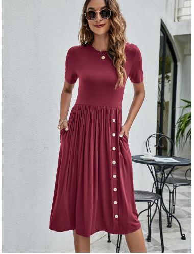 Women’s Knitted Pocket Dress – Solid Color Casual Style