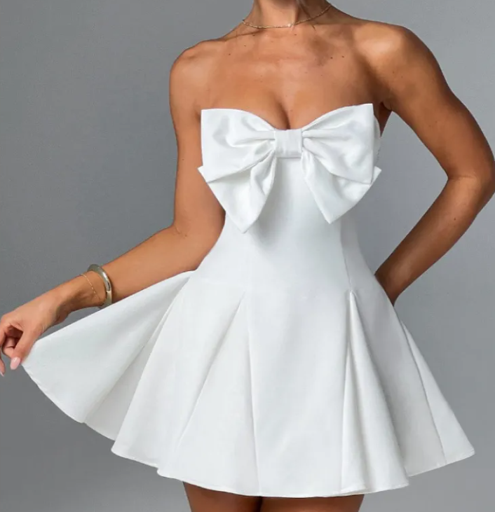 Sweet Tube Top Skater Dress With Bow Detail