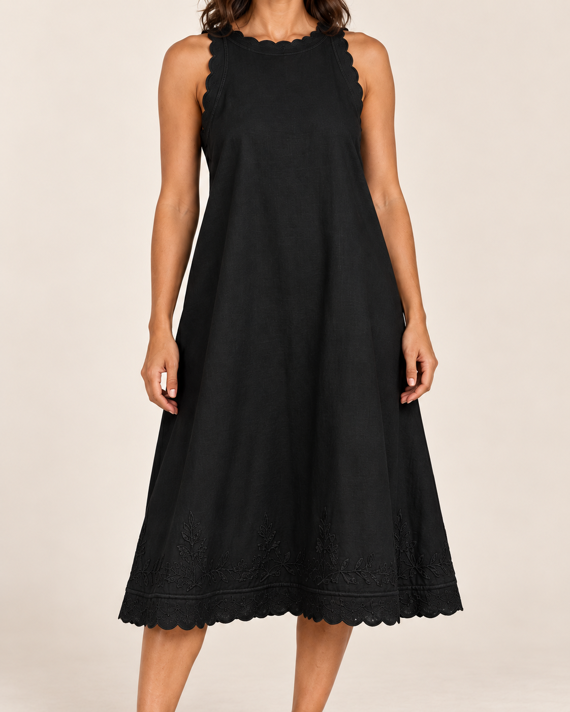 Women's Sleeveless Ruffle-Trim Dress — Black — embroidered detail view