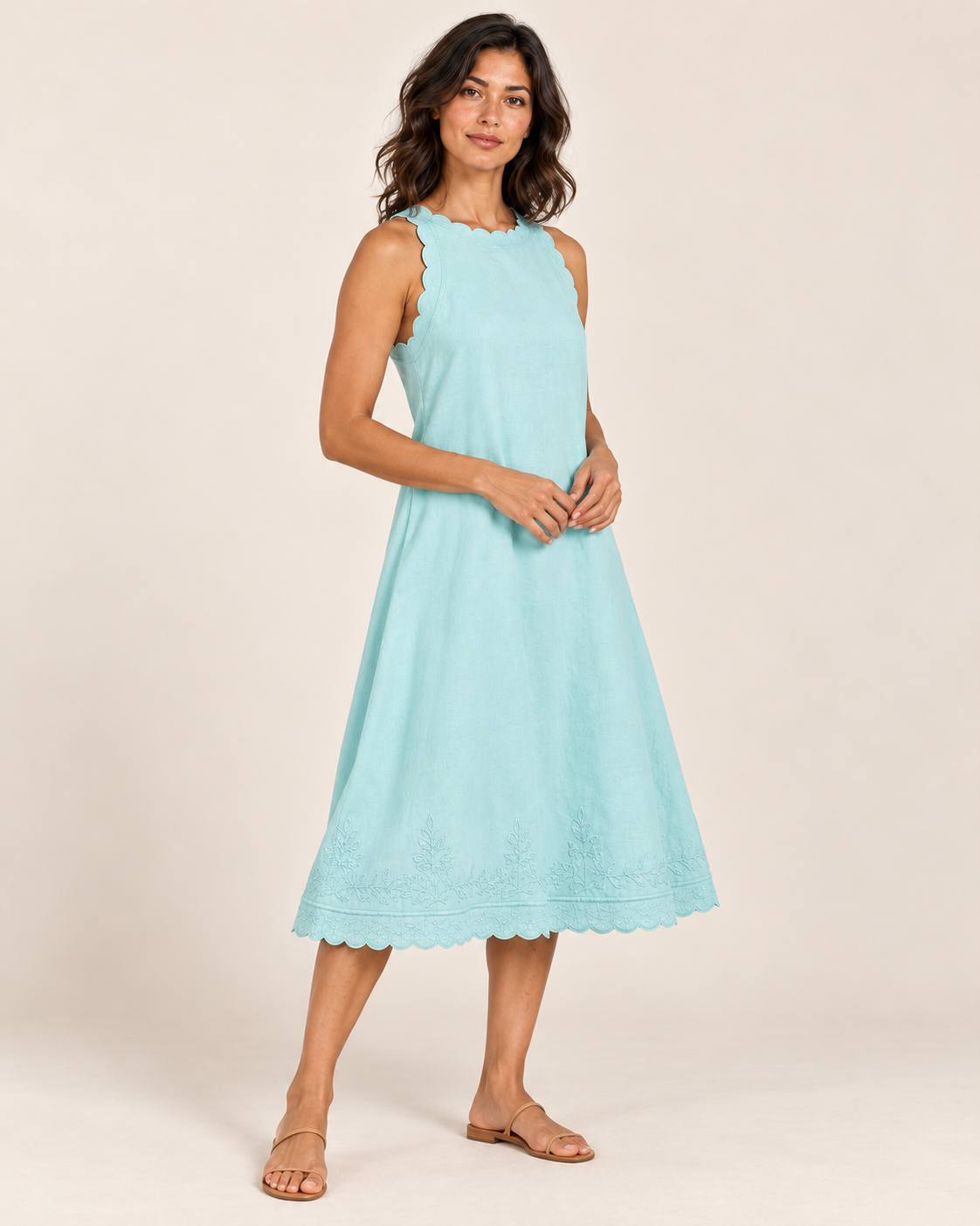 Women's Sleeveless Ruffle-Trim Dress — Blue — three-quarter view