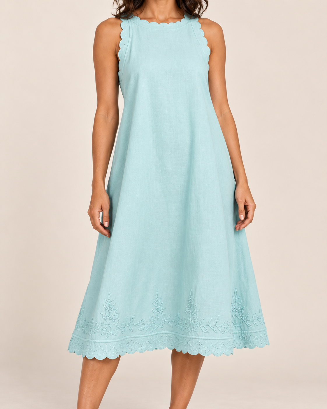 Women's Sleeveless Ruffle-Trim Dress — Blue — embroidered detail view