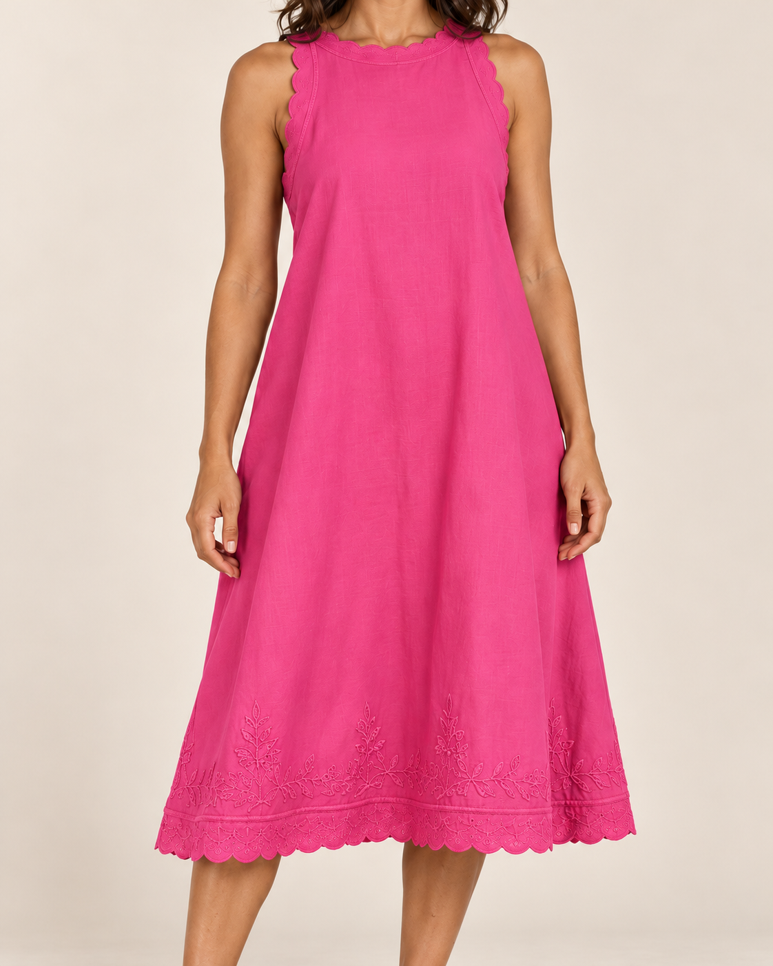 Women's Sleeveless Ruffle-Trim Dress — Pink — embroidered detail view