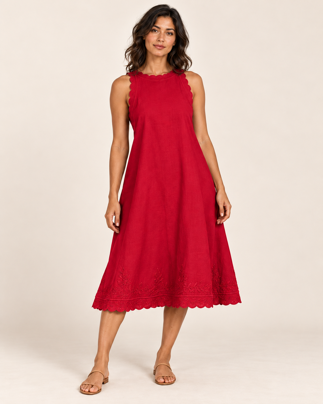 Women's Sleeveless Ruffle-Trim Dress — Red — three-quarter view
