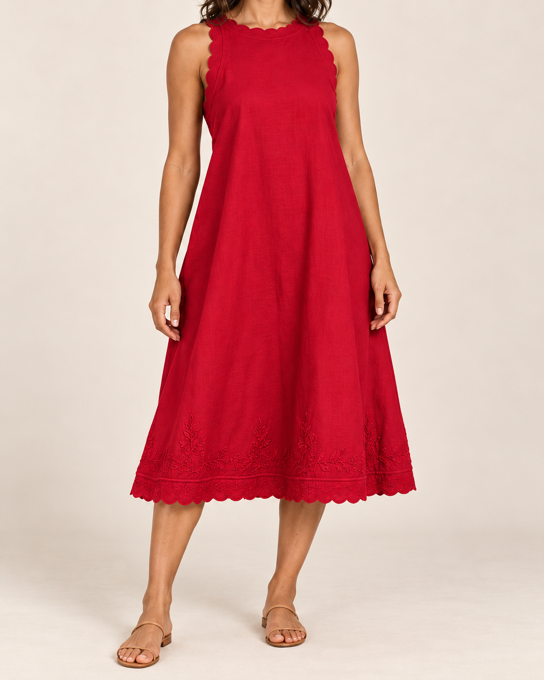 Women's Sleeveless Ruffle-Trim Dress — Red — embroidered detail view