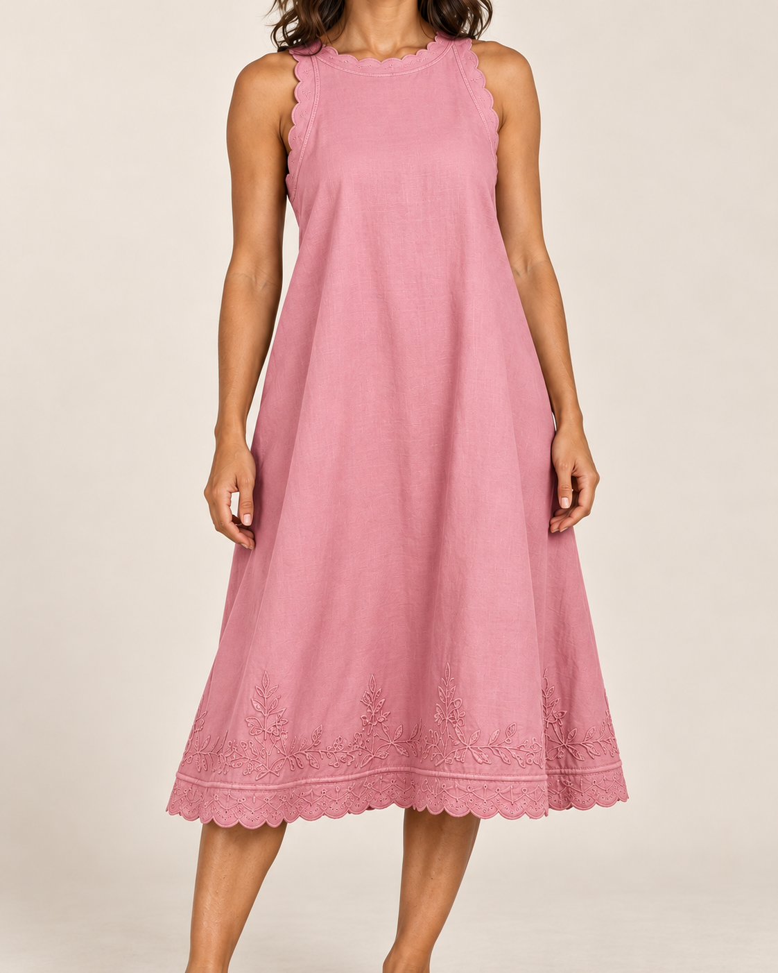 Women's Sleeveless Ruffle-Trim Dress — Rose — embroidered detail view