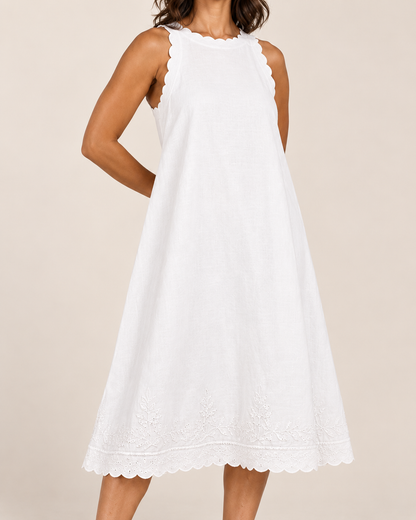 Women's Sleeveless Ruffle-Trim Dress — White — embroidered detail view