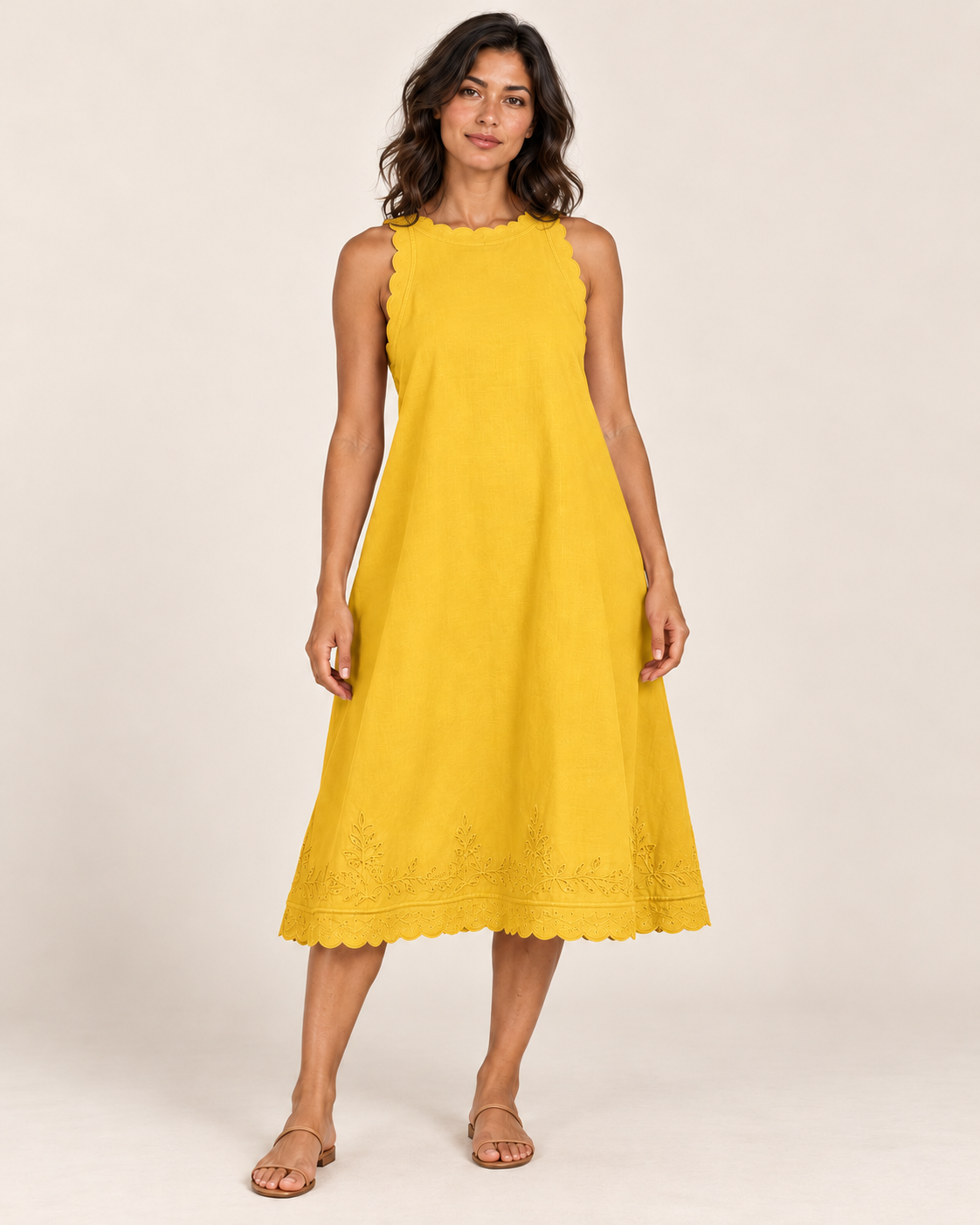 Women's Sleeveless Ruffle-Trim Dress — Yellow — three-quarter view