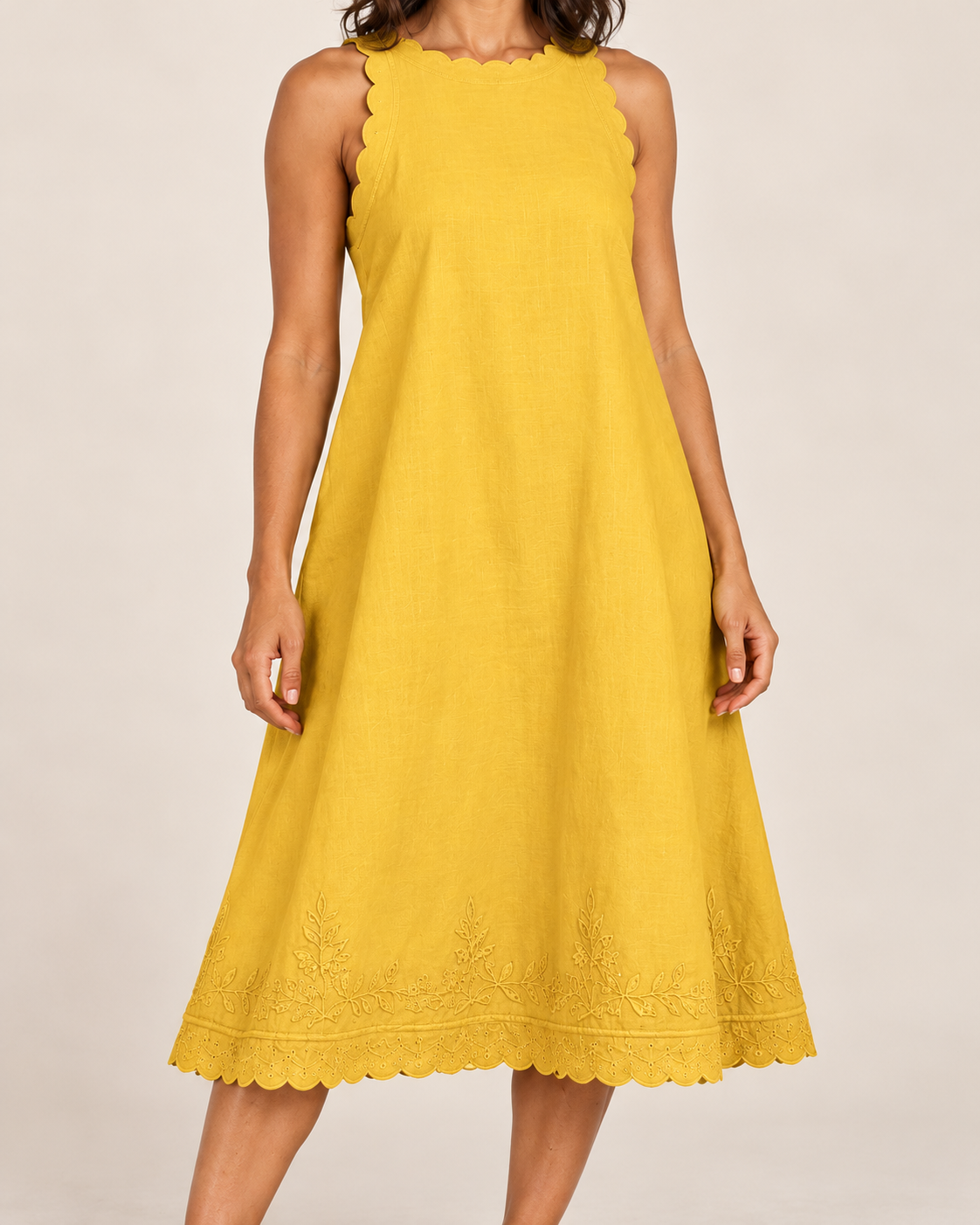 Women's Sleeveless Ruffle-Trim Dress — Yellow — embroidered detail view