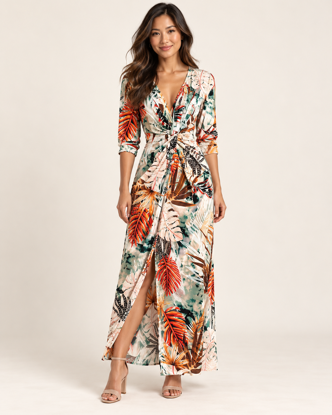 Orange feather-print dress on model, full front view